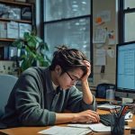 A man working at a desk with a computer and documents, symbolizing the journey of finding a job.