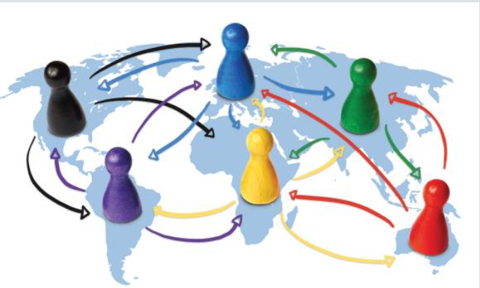 A world map encircled by diverse individuals and arrows, symbolizing summer internships abroad in 2024.