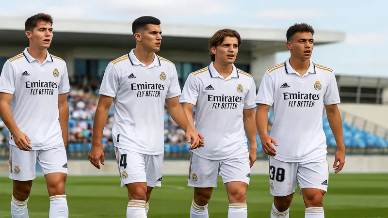 Real Madrid Castilla players walking together on the pitch during a match, wearing white home kits.
